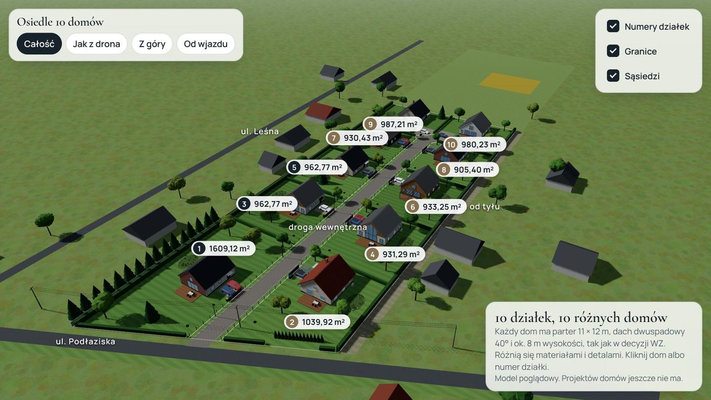 Podgląd modelu 3D: osiedle 10 domów przy drodze wewnętrznej z numerami działek.